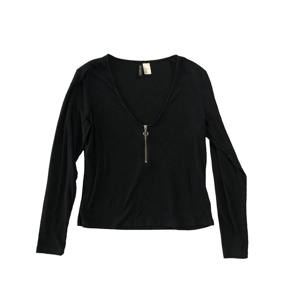 H&M Divided Womens Size L Black 1/4 Zip Up Ribbed Knit Cropped Tee